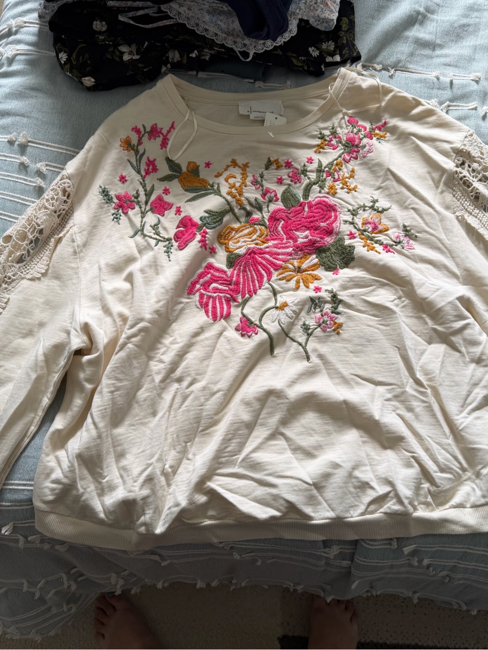 Embroidered Cream Floral Long-Sleeve Top